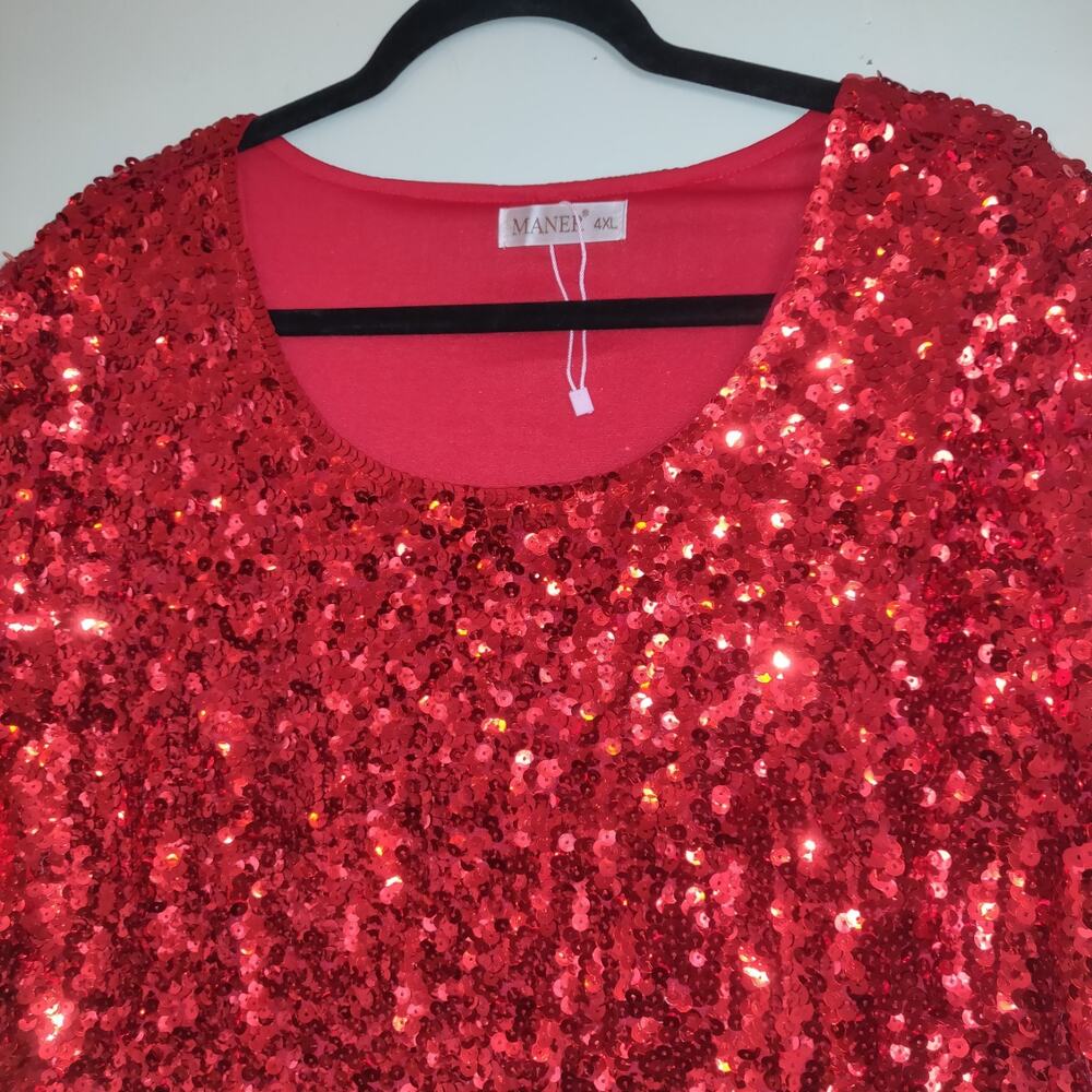Maner Red Sequinned Top PLUS Sz 4 XL Heavily Embellished Stretchy Holiday Lined - Picture 2 of 16